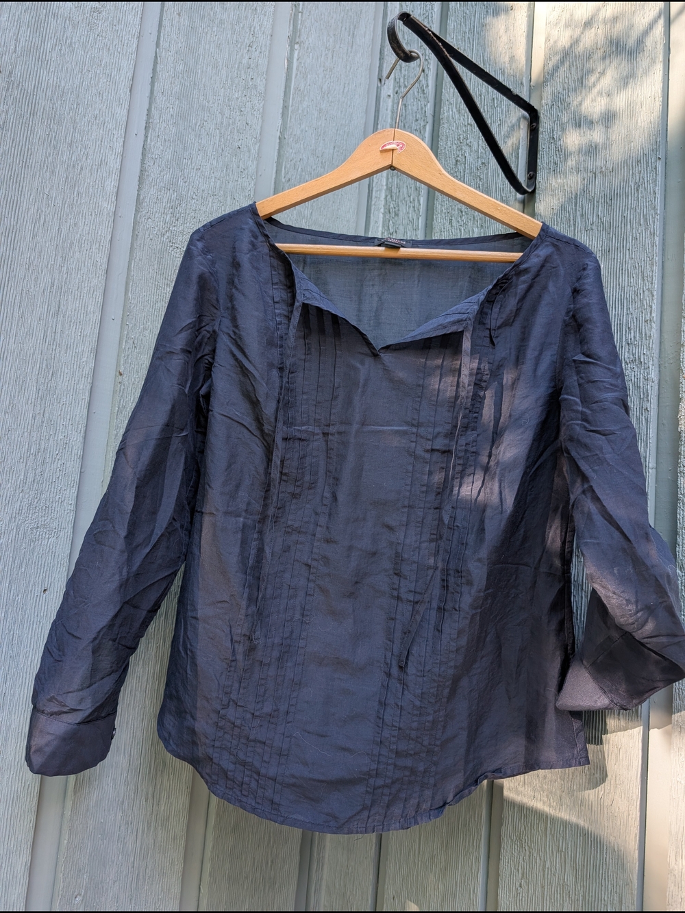 Ann Taylor Navy Pintuck Long-Sleeve Blouse